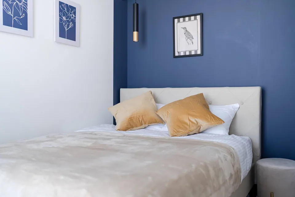 SB51 bedroom with a navy wall and yellow cushions